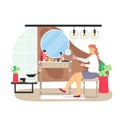 Daily life, morning routine. Young woman doing makeup, flat vector illustration.