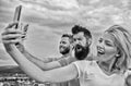 Life online. People taking selfie or streaming online video. Mobile internet and social networks. Mobile dependency Royalty Free Stock Photo