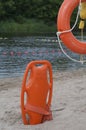 Life preserver on sandy beach Royalty Free Stock Photo