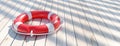 Life preserver on wooden ship deck. Lifebuoy boat safety equipment, rescue life. 3d render Royalty Free Stock Photo