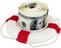 Life ring surroung money - concept of saving momey Royalty Free Stock Photo