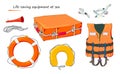 Life-saving equipment at sea. Set of marine objects. Security tools elements. Illustration of sailing supplies. Isolated drawings