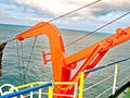 Life-saving systems and various emergency equipments of sea vessels. Lifeboats and rafts. Royalty Free Stock Photo