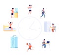 Daily life schedule. Cartoon kid routine, boy activities. Flat cute child sleeping eating by the clock, baby lifestyle
