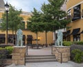 Life-size bronze lions flanking the steps at the Village at Sports Center in Arlington, Texas.