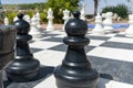 Life size chess board ground view from pawn to rest of recreational game set. Outdoor fun Royalty Free Stock Photo