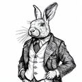 A life-size close-up of the face of a rabbit or hare. Animalism. Anthopomorphic creature. Imitation sketch print in black and