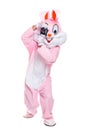 Life size easter bunny or rabbit holds photocamera, takes a pictures. Funny crazy photorapher with camera shoots easter