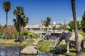 View of mammoth sculptures at La Brea Tar Pits archaeological site in Los Angeles, California.