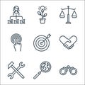 Life skills line icons. linear set. quality vector line set such as binoculars, magnifying glass, hammer, handshake, target, touch