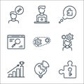 Life skills line icons. linear set. quality vector line set such as puzzle part, light bulb, bars, woman, gears, web browser,