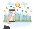 Life in a smart city, smart phone with navigation in the hand, define location