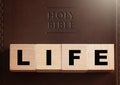 Life Spelled in Blocks on a Leather Holy Bible Royalty Free Stock Photo