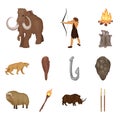 Life in the Stone Age cartoon icons in set collection for design. Ancient people vector symbol stock web illustration.