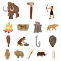 Life in the Stone Age cartoon icons in set collection