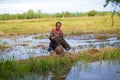 Life style farmer thai. Thai farmers are fish trap in paddy fields.