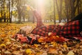 Life Style Portrait of Happy Woman in fall park. Beautiful girl on the nature picnic camping. Relaxing Girl in autumn Nature.