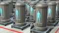 Life support chambers, cryonic tanks containing people. View 1 . 3d rendering Royalty Free Stock Photo