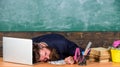 Life of teacher exhausting. Fall asleep at work. Educators more stressed work than average people. High level fatigue Royalty Free Stock Photo