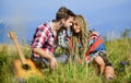 Life together. country music. romantic date. friendship. campfire songs. men play guitar for girl. couple in love spend Royalty Free Stock Photo