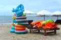 Life vests and lifebuoys on the beach of South China sea of Vietnam Nha trang