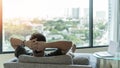 Life-work balance and city living lifestyle concept of business man relaxing, take it easy in home office or hotel room resting Royalty Free Stock Photo