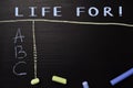 Life For! written with color chalk. Supported by an additional services. Blackboard concept Royalty Free Stock Photo