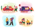 Life of a young couple, set of scenes from everyday household chores, daily routine illustration