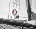 A lifebelt, lifebuoy, water wheely also known as Kisbee ring hanging from the sailing ropes of the mast