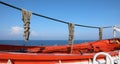 lifeboat with ropes in a cruise ship off the ocean