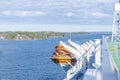 Lifeboats, decks and cabins on the side of cruise ship. Wing of running bridge of cruise liner. White cruise ship on a blue sky Royalty Free Stock Photo