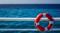 lifebuoy attached to a ship\'s white railing, with the clear blue sea in the background