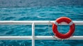 lifebuoy attached to a ship's white railing, with the clear blue sea in the background