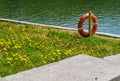 Lifebuoy on the background of a concrete path near the pond with green grass and yellow flowers Royalty Free Stock Photo
