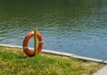 Lifebuoy on the background of a concrete path near the pond with green grass and yellow flowers Royalty Free Stock Photo