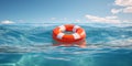 Lifebuoy On Crystal Blue Ocean Water, Safety and Security Concept. Life Ring Floating On Sea Surface. Lifesaver. Generative AI