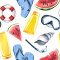 lifebuoy, flip-flops, sunblock, shells, mask and snorkel, pieces of watermelon. Watercolor illustration, hand drawn