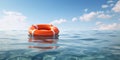 Lifebuoy Floating On Calm Blue Ocean Water. Lifebuoy On Sea Wave Under Clear Blue Sky. Generative AI Royalty Free Stock Photo