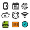 Lifebuoy icon. Compass symbol. HTML document and Barcode icons. Smartphone settings sign. RSS Feed icon.