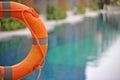 Lifebuoy,Life preserver,Life ring,Life belt hanging at the public swimming pool in the blur background. To show concept of safety Royalty Free Stock Photo