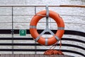 Lifebuoy ring with rope at the back of ferry boat