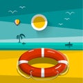 Lifebuoy Ring on Sand Beach. Sunset Flat Design Landscape with Rescue Circle and Sun Above Ocean Royalty Free Stock Photo