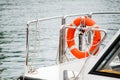 Lifebuoy and rope on the boat. Royalty Free Stock Photo