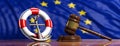 Lifebuoy, ship anchor and law gavel on European Union flag background, banner. 3d illustration Royalty Free Stock Photo