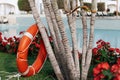 Lifebuoy standing next to the swimming pool