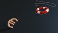 Lifebuoy with a tether flies towards a falling euro symbol on a dark background with space for text or logo. 3D rendering.