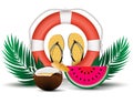 Watermelon, coconut, red lifebuoy, yellow flip flops and leaves on white background for your creativity.