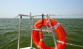 Lifebuoy on a yacht side. Concept of safe sea walk.