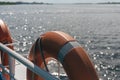 lifebuoys on board the ship against the background of a pond with reflections from the sun& x27;s rays