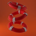 Lifebuoys levitate on an orange background. Summer beach rescue concept. 3D render